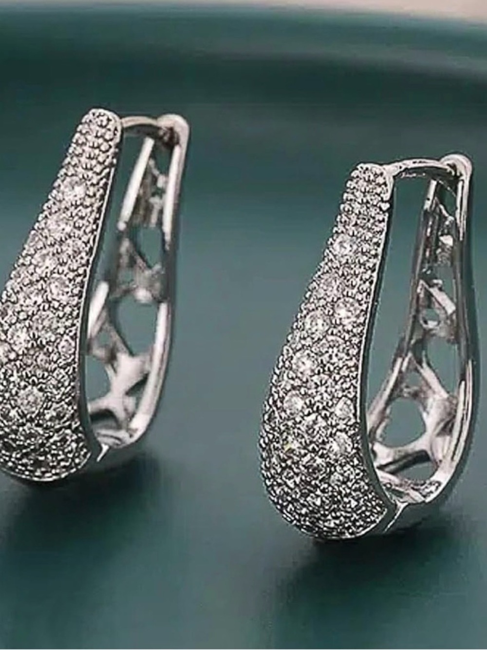 Elegant Silver Plated  Pavé Teardrop Hoop Earrings - Women Jewelry